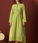 Green pure cotton schiffly embroidered dress for women