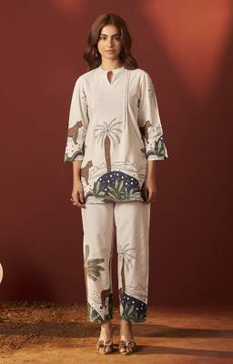 Off white pure cotton printed co-ord set for women 1