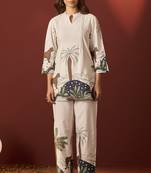 Off white pure cotton printed co-ord set for women