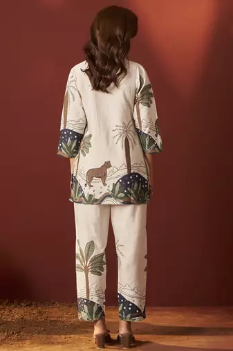 Off white pure cotton printed co-ord set for women