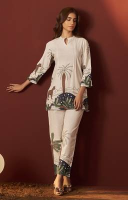 Off white pure cotton printed co-ord set for women 3