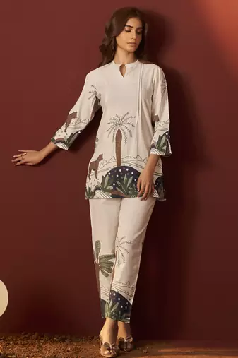 Off white pure cotton printed co-ord set for women