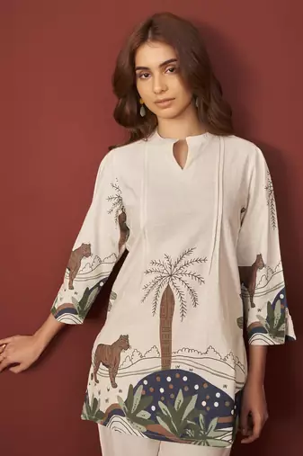 Off white pure cotton printed co-ord set for women