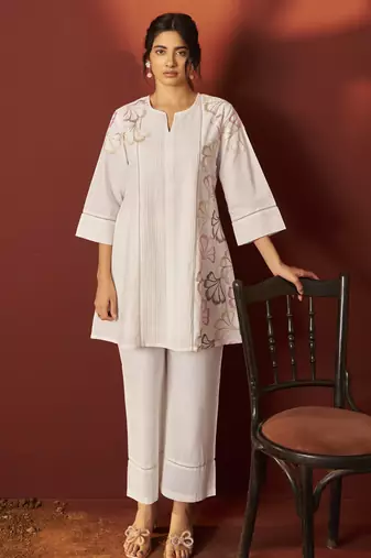 Off white pure cotton printed co-ord set for women