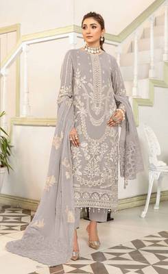 Light grey  color embroideried faux georgette semi stitched salwar suit 1