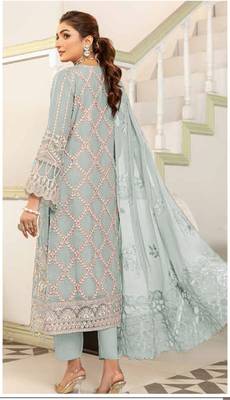 Sky color embroideried faux georgette semi stitched salwar suit 2