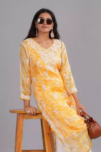 Women Yellow Cotton Chikankari Kurta | Embroidered Ethnic Wear
