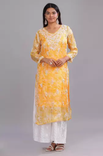 Women Yellow Cotton Chikankari Kurta | Embroidered Ethnic Wear
