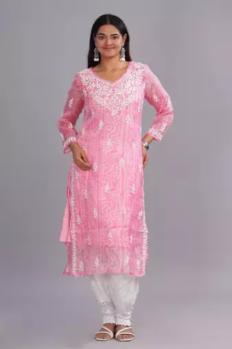 Floral Embroidered Cotton Chikankari Straight Kurta for Women