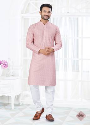 Pink cotton with lucknowi work kurta payjama for mens wear 1