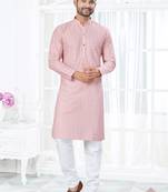 Pink cotton with lucknowi work kurta payjama for mens wear