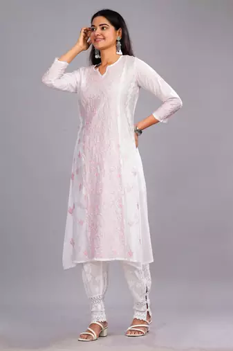 Women White Cotton Chikankari Kurta | Embroidered Ethnic Wear