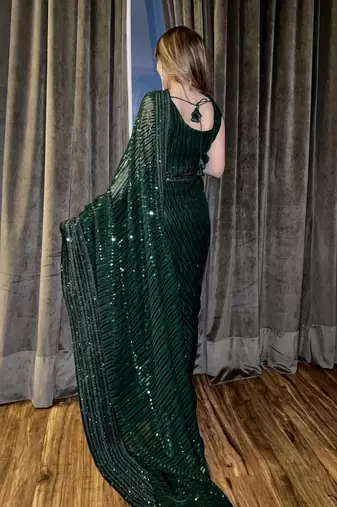 green Georgette sequin saree With Blouse