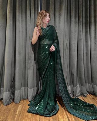 green Georgette sequin saree With Blouse 3