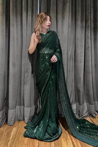 green Georgette sequin saree With Blouse