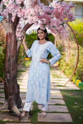 Women   s Blue Chikankari Embroidered Kurta Daily & Festive Wear 1