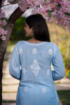 Women   s Blue Chikankari Embroidered Kurta Daily & Festive Wear 2