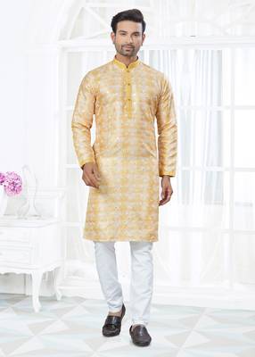 Yellow silk with mirror work kurta payjama for mens wear 1