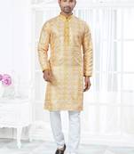 Yellow silk with mirror work kurta payjama for mens wear