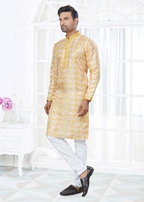 Yellow silk with mirror work kurta payjama for mens wear 2