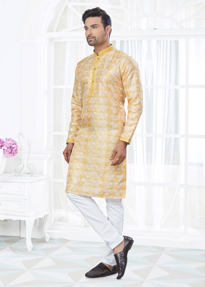 Yellow silk with mirror work kurta payjama for mens wear