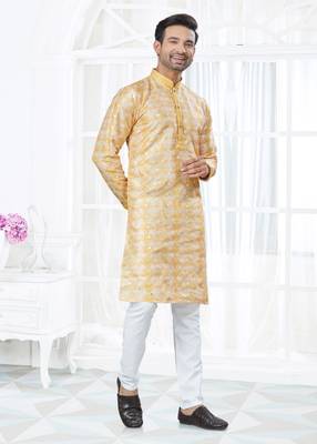 Yellow silk with mirror work kurta payjama for mens wear 3