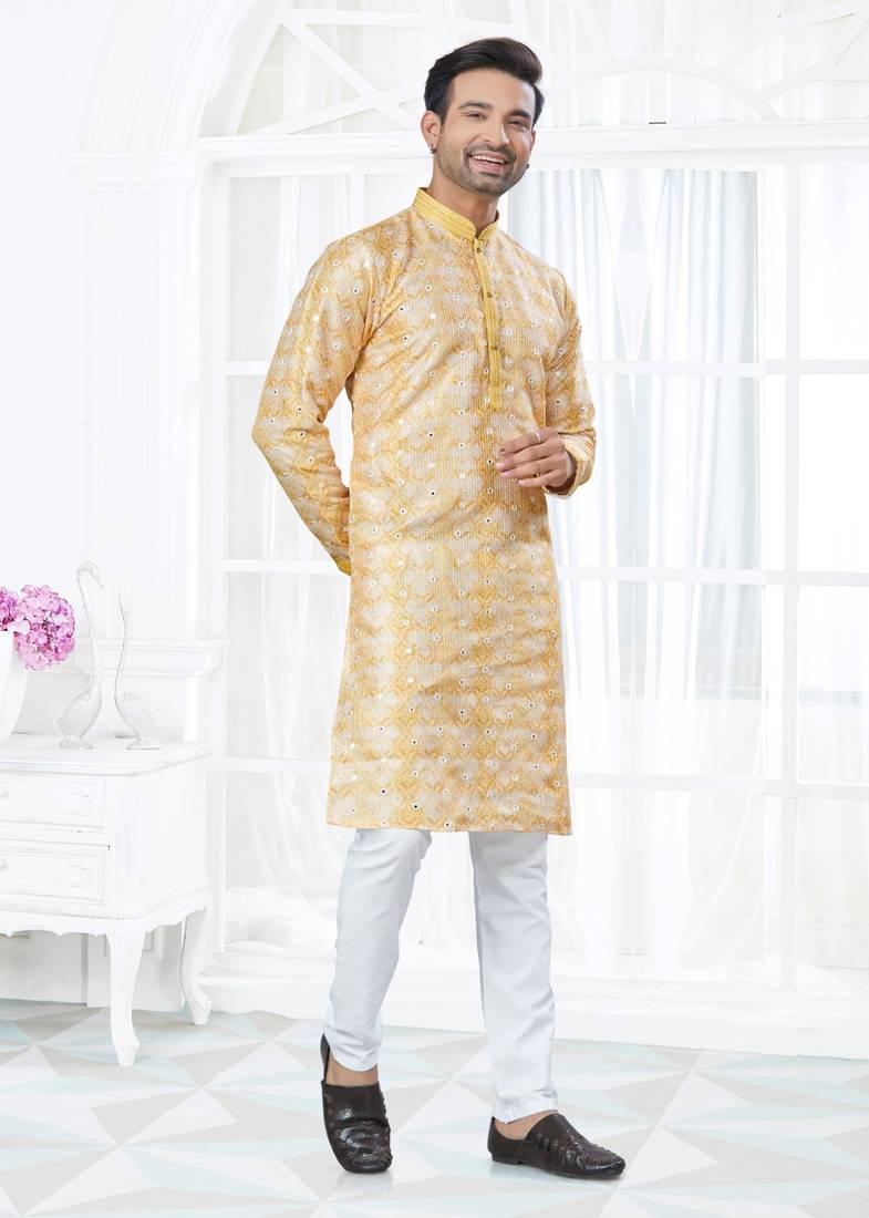 Yellow silk with mirror work kurta payjama for mens wear