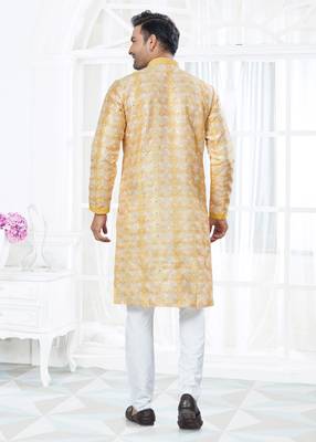 Yellow silk with mirror work kurta payjama for mens wear 4