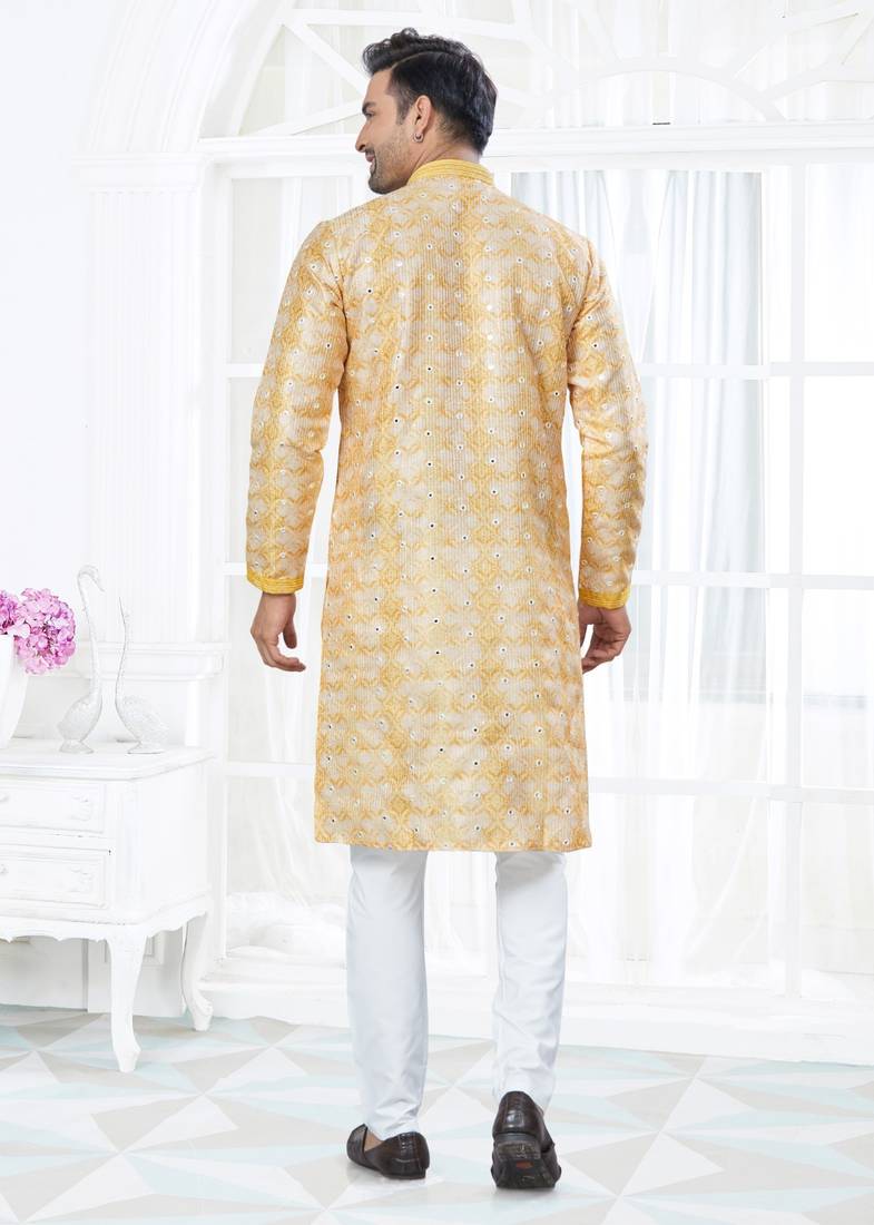Yellow silk with mirror work kurta payjama for mens wear