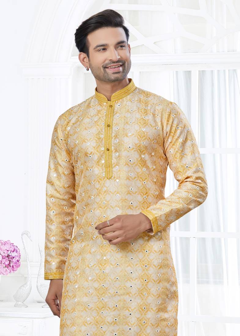Yellow silk with mirror work kurta payjama for mens wear
