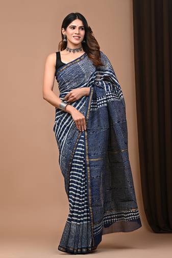 Navy blue hand block printed with natural dye cotton silk saree with blouse piece