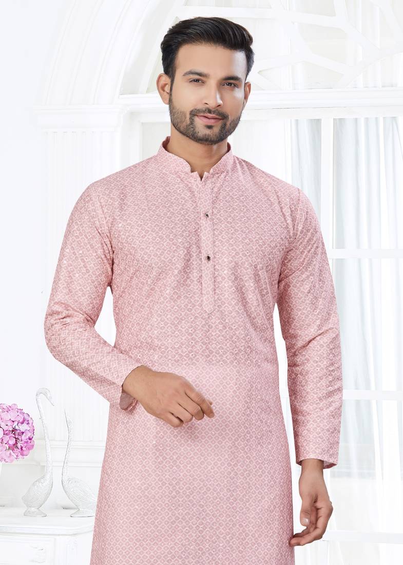 Pink cotton with lucknowi work kurta payjama for mens wear