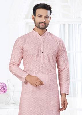 Pink cotton with lucknowi work kurta payjama for mens wear 6