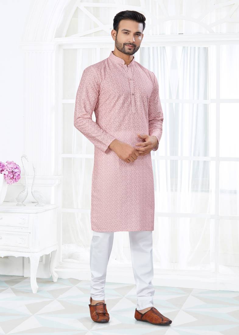 Pink cotton with lucknowi work kurta payjama for mens wear