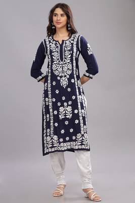 Ethenic Wear Chikankari Cotton kurta with Round Neck  1