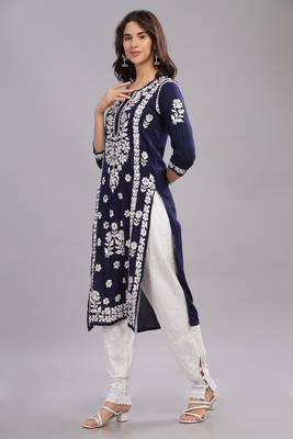 Ethenic Wear Chikankari Cotton kurta with Round Neck  3