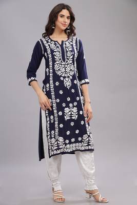 Ethenic Wear Chikankari Cotton kurta with Round Neck  4