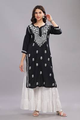 Women Black Cotton Chikankari Kurta | Embroidered Ethnic Wear 1