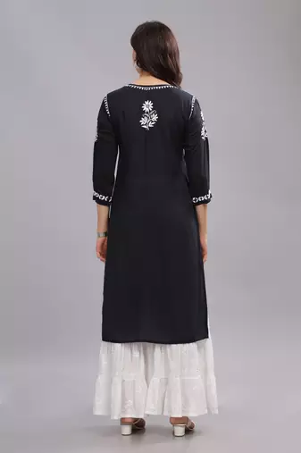 Women Black Cotton Chikankari Kurta | Embroidered Ethnic Wear