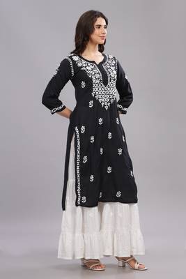 Women Black Cotton Chikankari Kurta | Embroidered Ethnic Wear 3