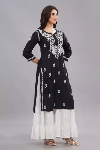 Women Black Cotton Chikankari Kurta | Embroidered Ethnic Wear