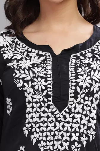 Women Black Cotton Chikankari Kurta | Embroidered Ethnic Wear