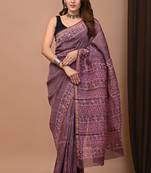 Purple hand block printed with natural dye cotton silk saree with blouse piece