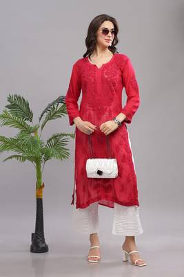 Women Red Cotton Chikankari Kurta | Embroidered Ethnic Wear 1