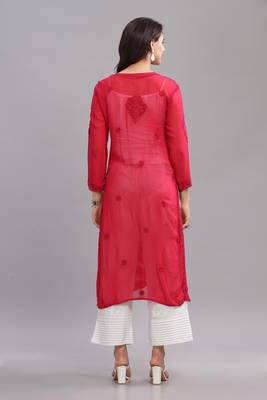 Women Red Cotton Chikankari Kurta | Embroidered Ethnic Wear 2