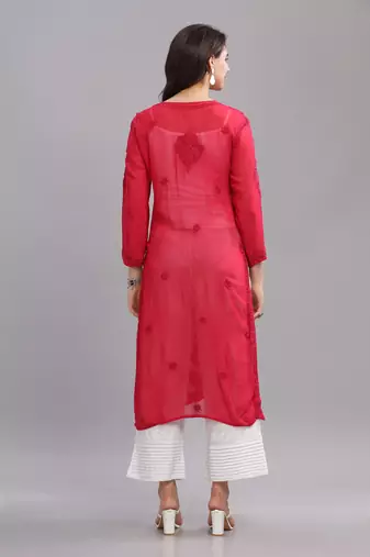 Women Red Cotton Chikankari Kurta | Embroidered Ethnic Wear