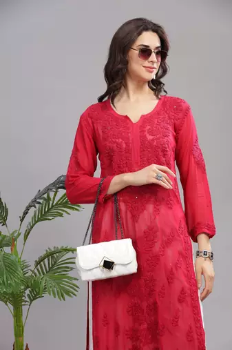 Women Red Cotton Chikankari Kurta | Embroidered Ethnic Wear