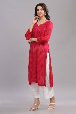 Women Red Cotton Chikankari Kurta | Embroidered Ethnic Wear 4
