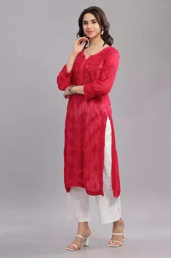 Women Red Cotton Chikankari Kurta | Embroidered Ethnic Wear