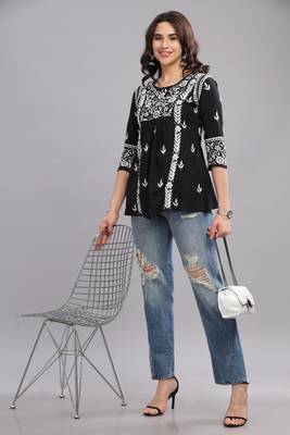 Black Cotton Chikankari short Kurta | Embroidered Ethnic Wear 1